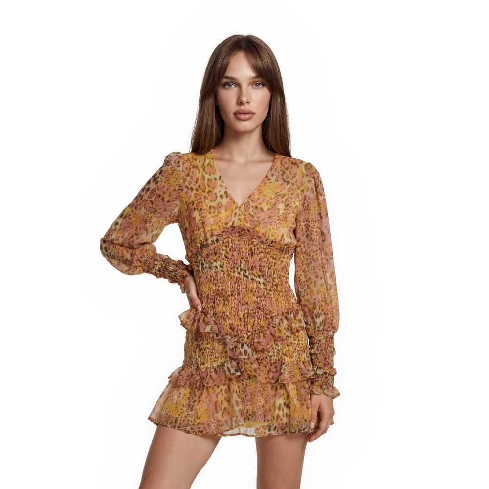 Bardot Mini Dress Women's Size 6 Yellow Leopard Smocked Ruffle Chiffon Tiered‎